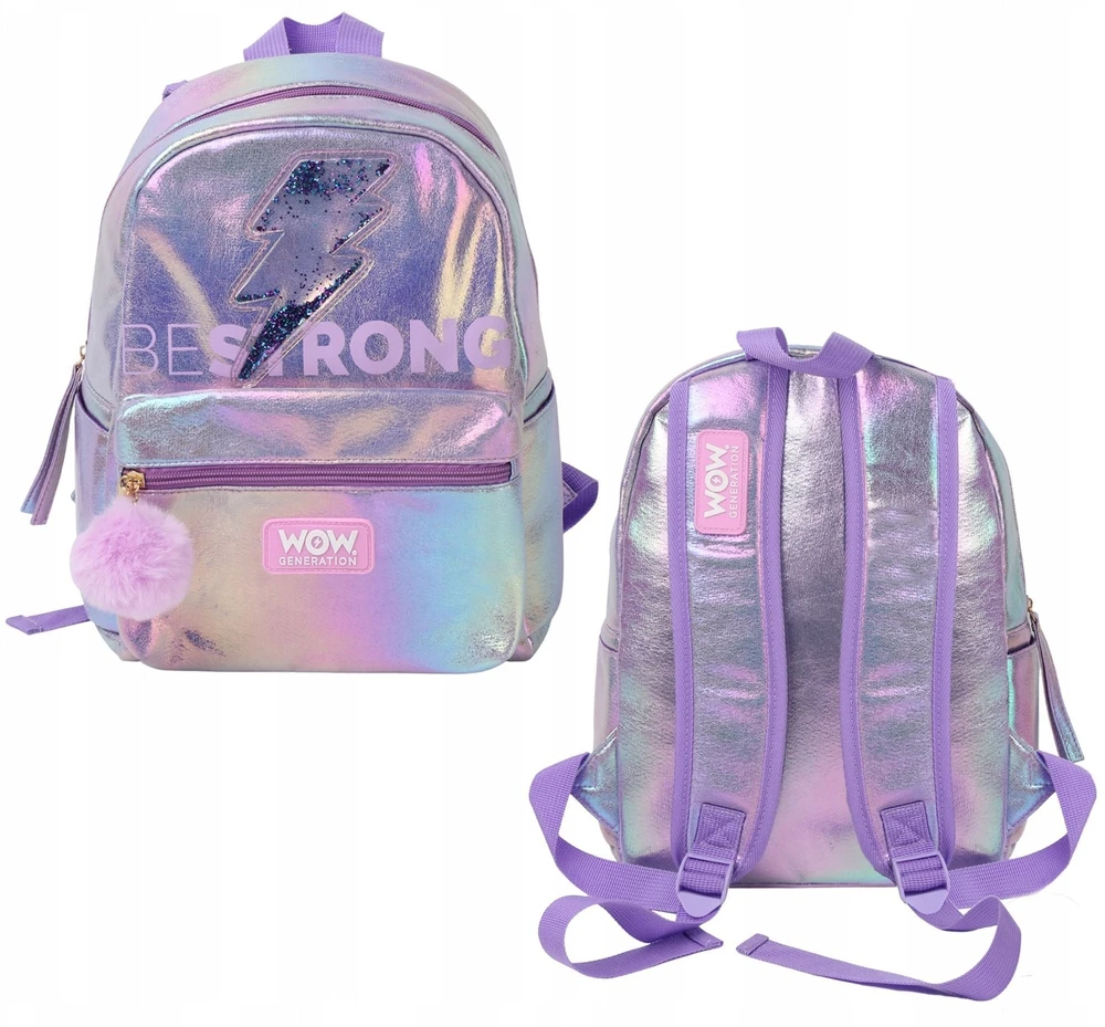 KIDS Mokyklinė kuprinė holografinė Holo Wow mergaitiška su pomponu, reguliuojami diržai / Wow00048 (SB12070)