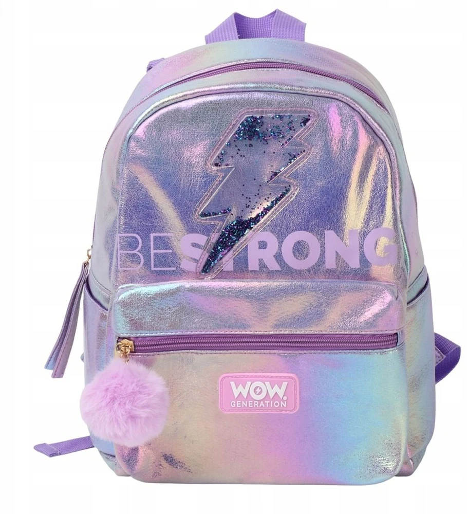 KIDS Mokyklinė kuprinė holografinė Holo Wow mergaitiška su pomponu, reguliuojami diržai / Wow00048 (SB12070)