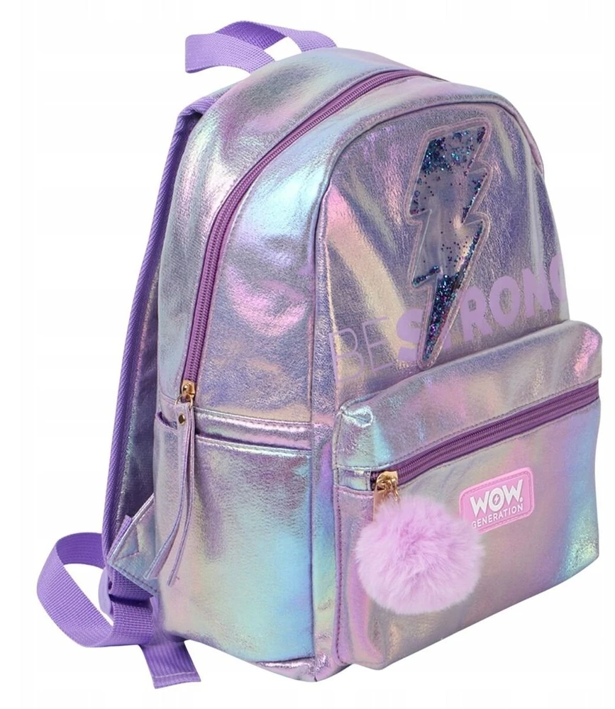 KIDS Mokyklinė kuprinė holografinė Holo Wow mergaitiška su pomponu, reguliuojami diržai / Wow00048 (SB12070)