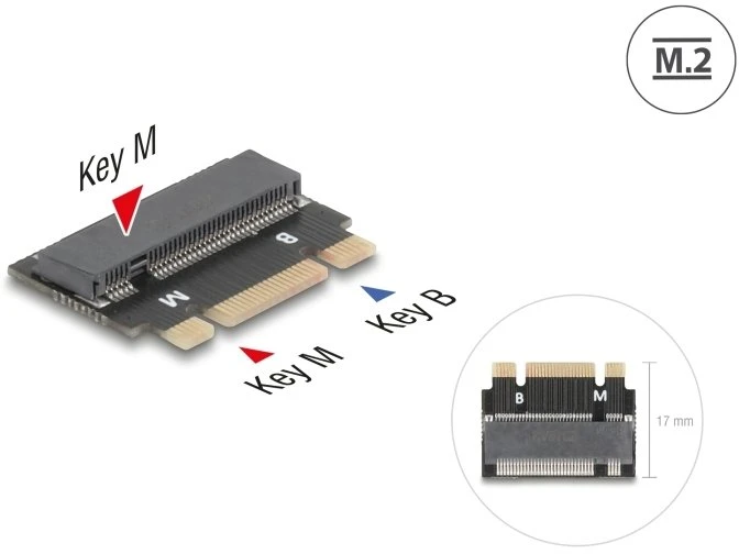 Kišenė Delock Adapteris su M.2 Key B+M vyriška jungtimi į M.2 Key M lizdą - Prailginimas - M.2 - M.2 kortelė - PCIe 4.0 x2, SATA
