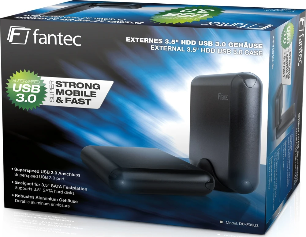 „Fantec DB-F35U3“ išorinis HDD korpusas, juodas, aliuminis, tinkantis 8,89 cm 3,5 colio SATA I/II/III diskams