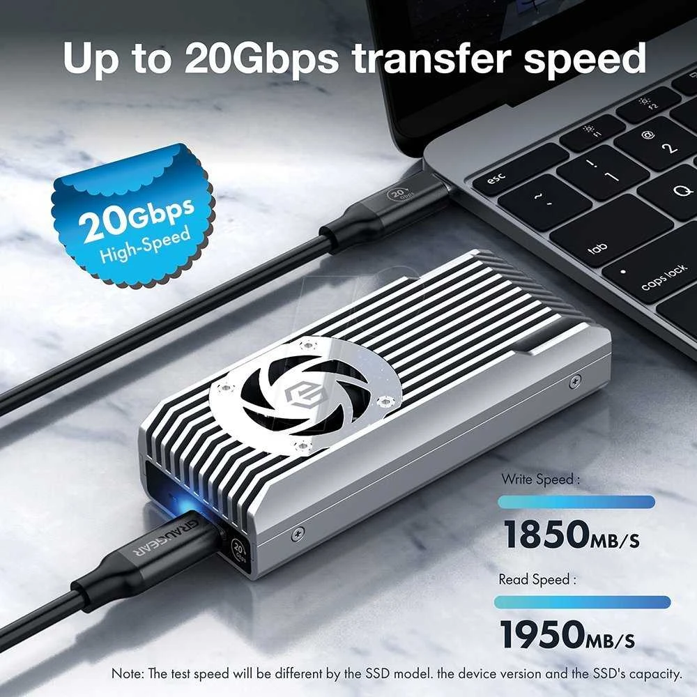 Graugear M.2 NVMe korpusas su ventiliatoriumi ir greičio duomenimis