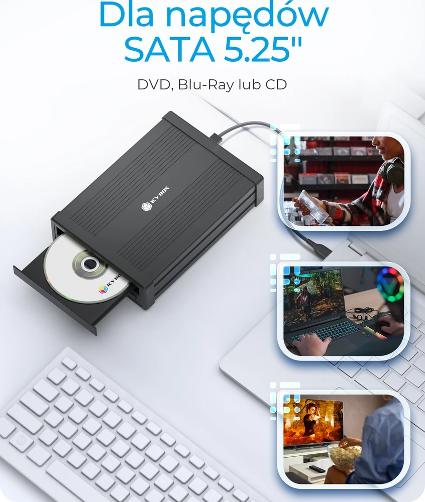 RaidSonic ICY BOX IB-525-U3 korpusas vienam 5,25 colio SATA įrenginiui – palaiko CD/DVD/Blu-ray