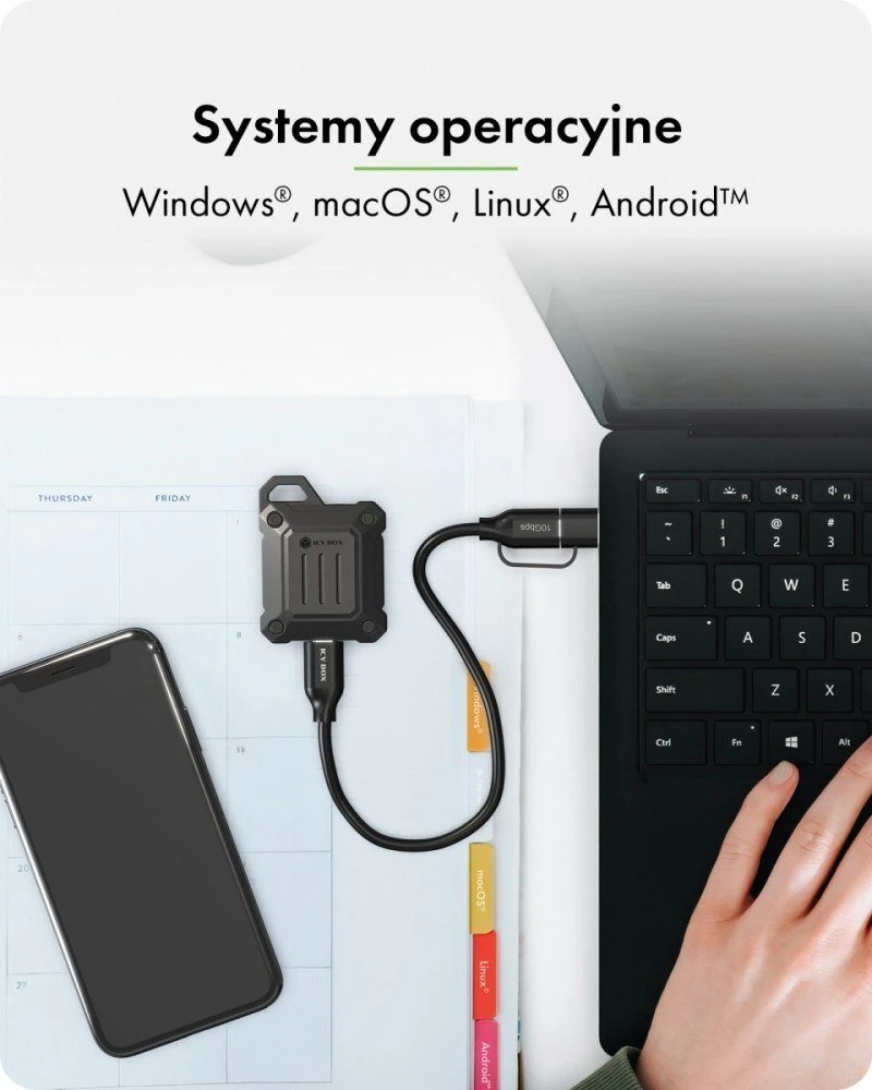 ICY BOX SSD korpusas suderinamas su Windows macOS Linux ir Android