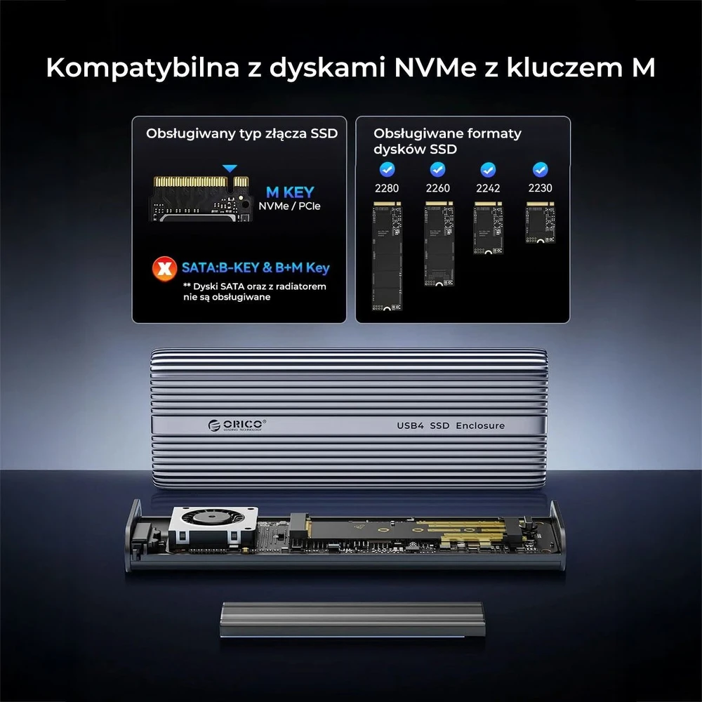 Orico M.2 NVMe SSD korpusas, USB-C 40 Gbps, su ventiliatoriumi, metalinis