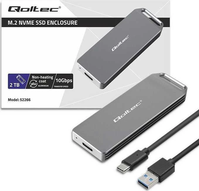 Qoltec Mini aliuminio dėklas M.2 SSD NVMe PCIe USB 3.1 10Gb/s 2TB sidabro