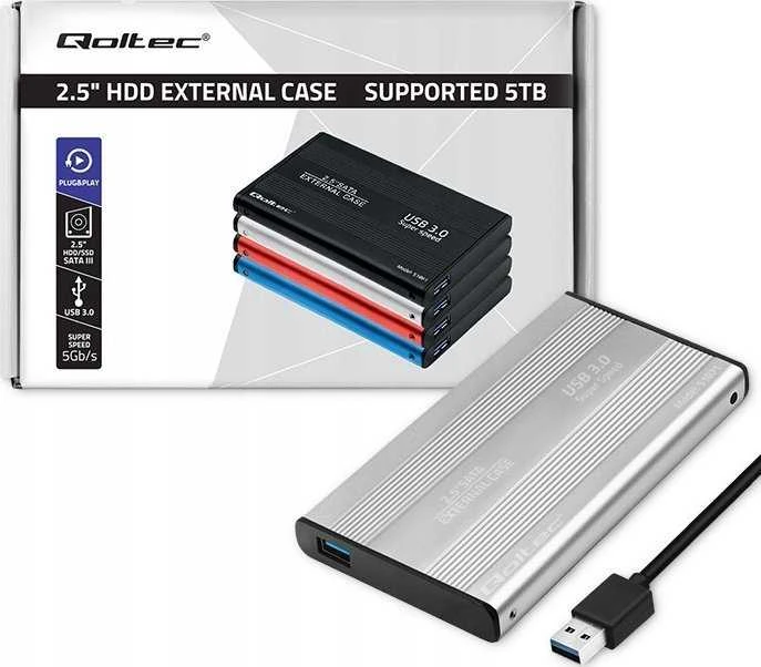 Išorinio kietojo disko dėklas Aliuminio korpusas diskų kišenė skirtas diskams HDD SSD 25" Sata3 USB 3.0 sidabrinis Qoltec