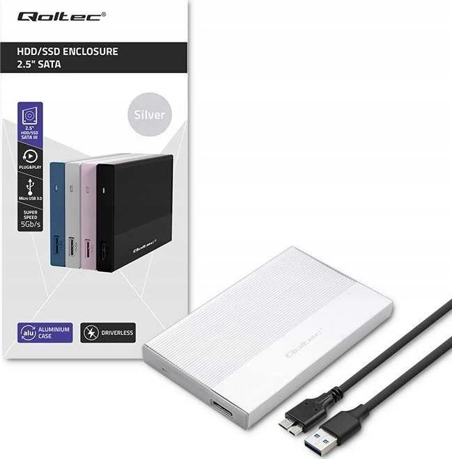 Išorinio kietojo disko dėklas Aliumininis korpusas skirtas diskams SSD HDD 25" sata USB 3.0 ypač greitas 5 Gb/s 2 TB sidabrinis Qoltec