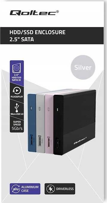Išorinio kietojo disko dėklas Aliumininis korpusas skirtas diskams SSD HDD 25" sata USB 3.0 ypač greitas 5 Gb/s 2 TB sidabrinis Qoltec