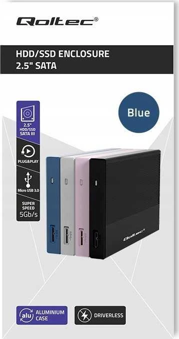 Išorinio kietojo disko dėklas Aliumininis korpusas skirtas diskams SSD HDD 25" sata USB 3.0 ypač greitas 5 Gb/s 2 TB mėlynas Qoltec