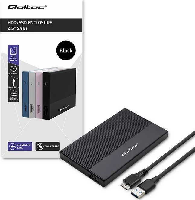 Išorinio kietojo disko dėklas Aliumininis korpusas skirtas diskams SSD HDD 25" sata USB 3.0 itin greitas 5 Gb/s 2 TB juodas Qoltec