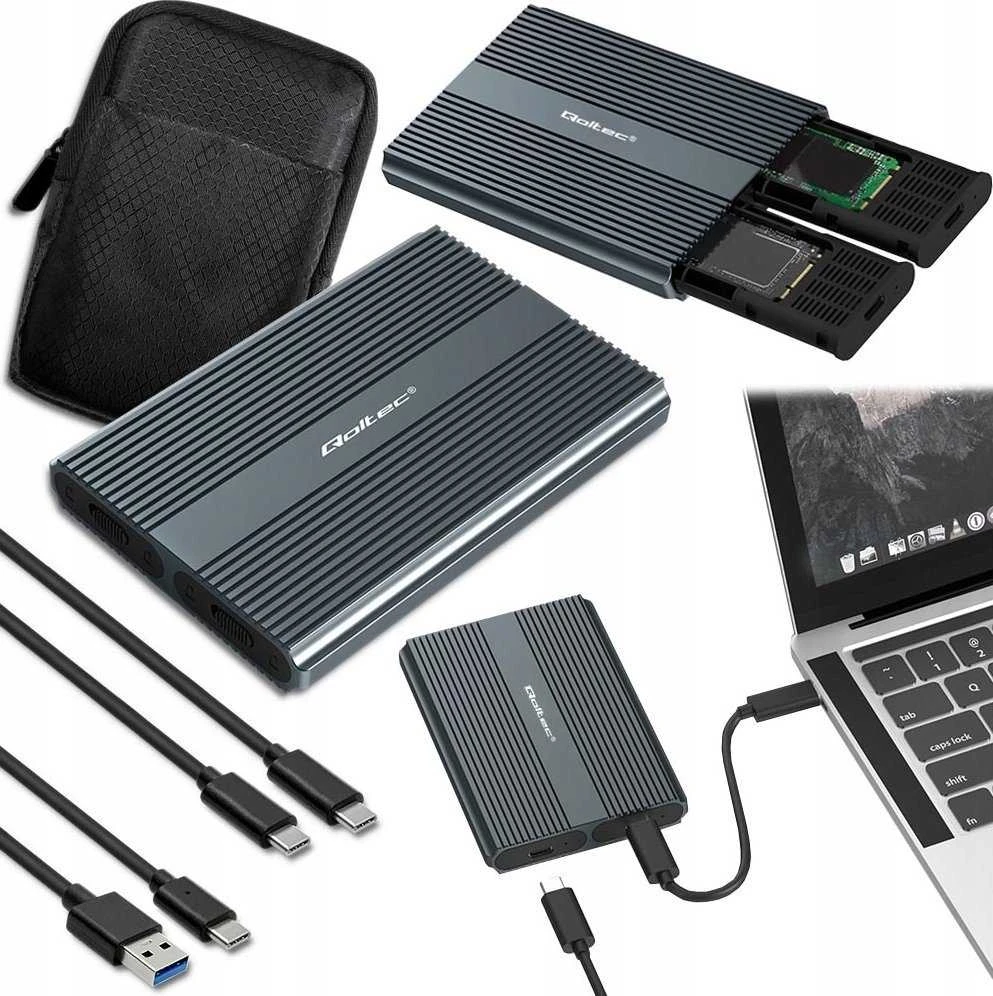 Qoltec korpusas M.2 SSD SATA NVMe USB-C DUAL 2 x 2TB