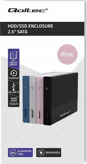 Išorinio kietojo disko dėklas Aliumininis korpusas skirtas diskui SSD HDD 25" sata USB 3.0 itin greitas 5 Gb/s 2 TB rožinis Qoltec