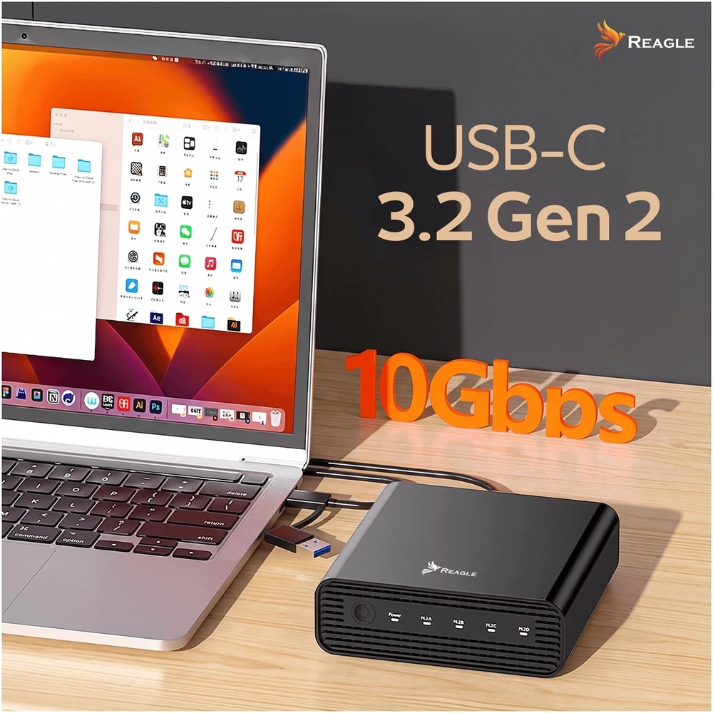Kištukinis Reagle 4x SSD M.2 NVME 10 Gbps diskų dėklas M2 USB-C su ventiliatoriumi masyvas