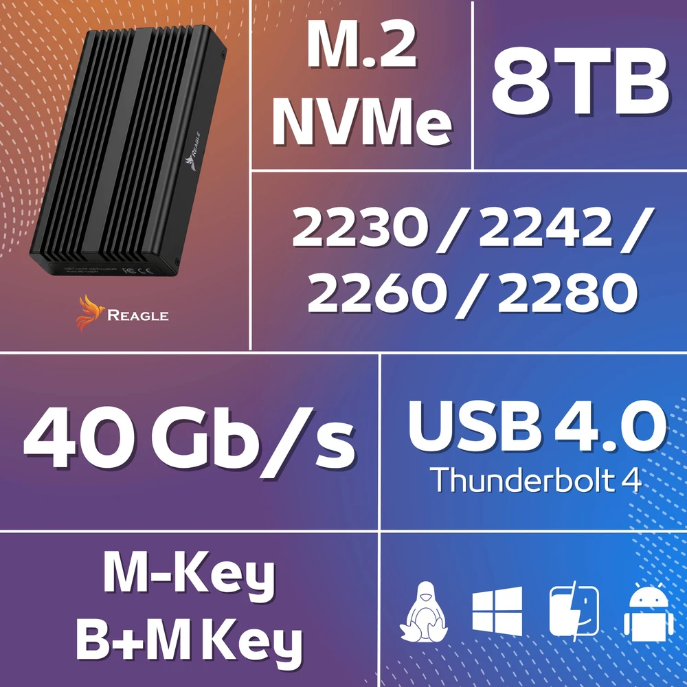 Kišenė Reagle SSD diskui M.2 NVME PCIE 40Gbps korpusas M2 Thunderbolt 4 USB-C 4.0