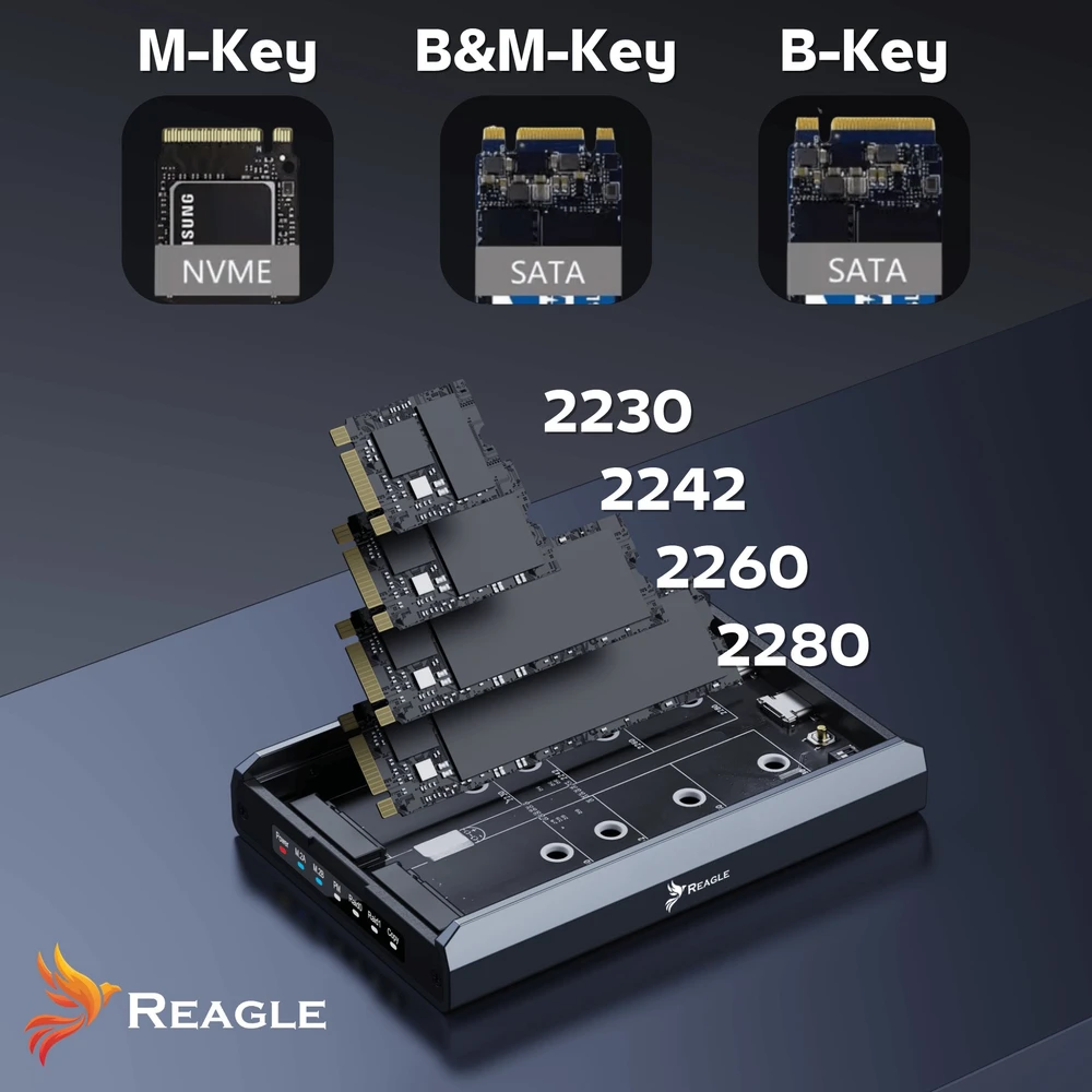 Kišenė Reagle RAID diskų korpusas M.2 SSD NVME SATA 20Gbps USB-C, diskų kišenė adapteris klonavimas (RE72M2)