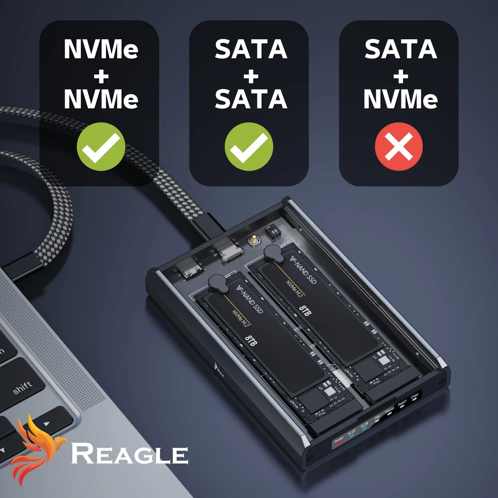 Kišenė Reagle RAID diskų korpusas M.2 SSD NVME SATA 20Gbps USB-C, diskų kišenė adapteris klonavimas (RE72M2)
