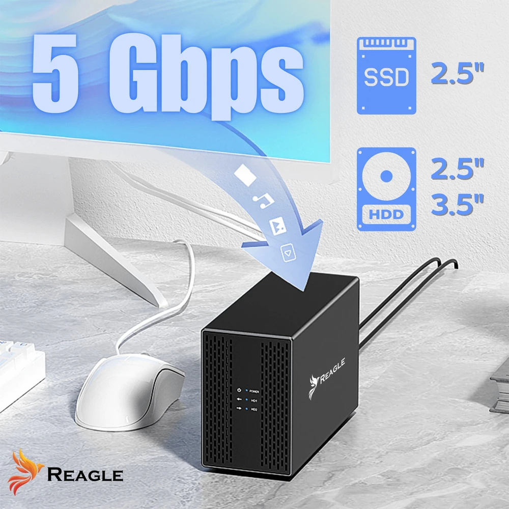 Kišenė Reagle HDD SSD disko korpusas 2x 3,5'' SATA III USB 3.2 kišenė iki 40TB 36W ventiliatorius