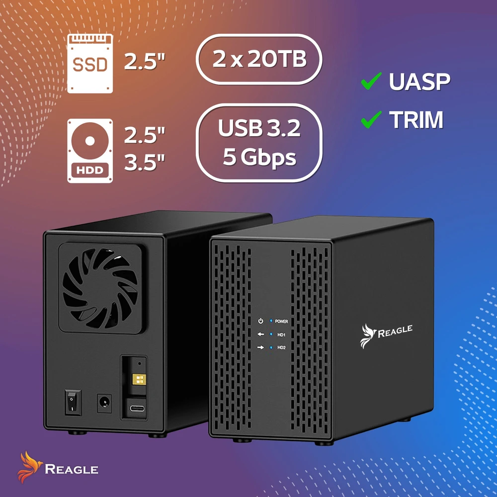 Kišenė Reagle HDD SSD disko korpusas 2x 3,5'' SATA III USB 3.2 kišenė iki 40TB 36W ventiliatorius
