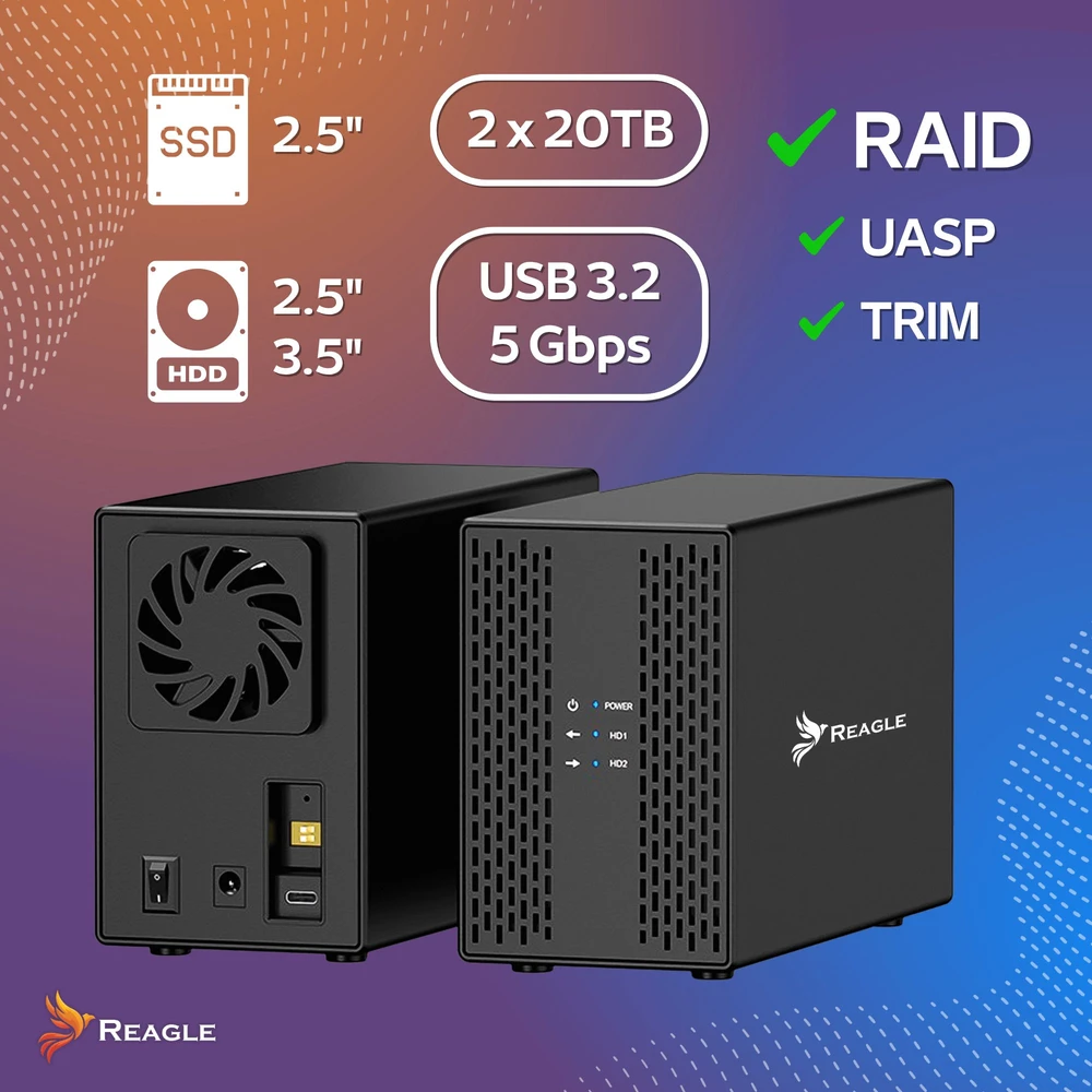 Kišenė Reagle Kietojo disko HDD SSD korpusas 2x 3,5'' SATA III USB 3.2 KIŠENĖ RAID JBOD PM IKI 40TB