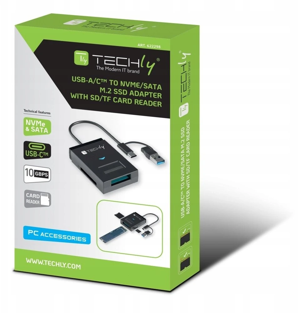 Techly USB-A/C konverteris NVMe/SATA M.2 diskams su SD/TF skaitytuvu