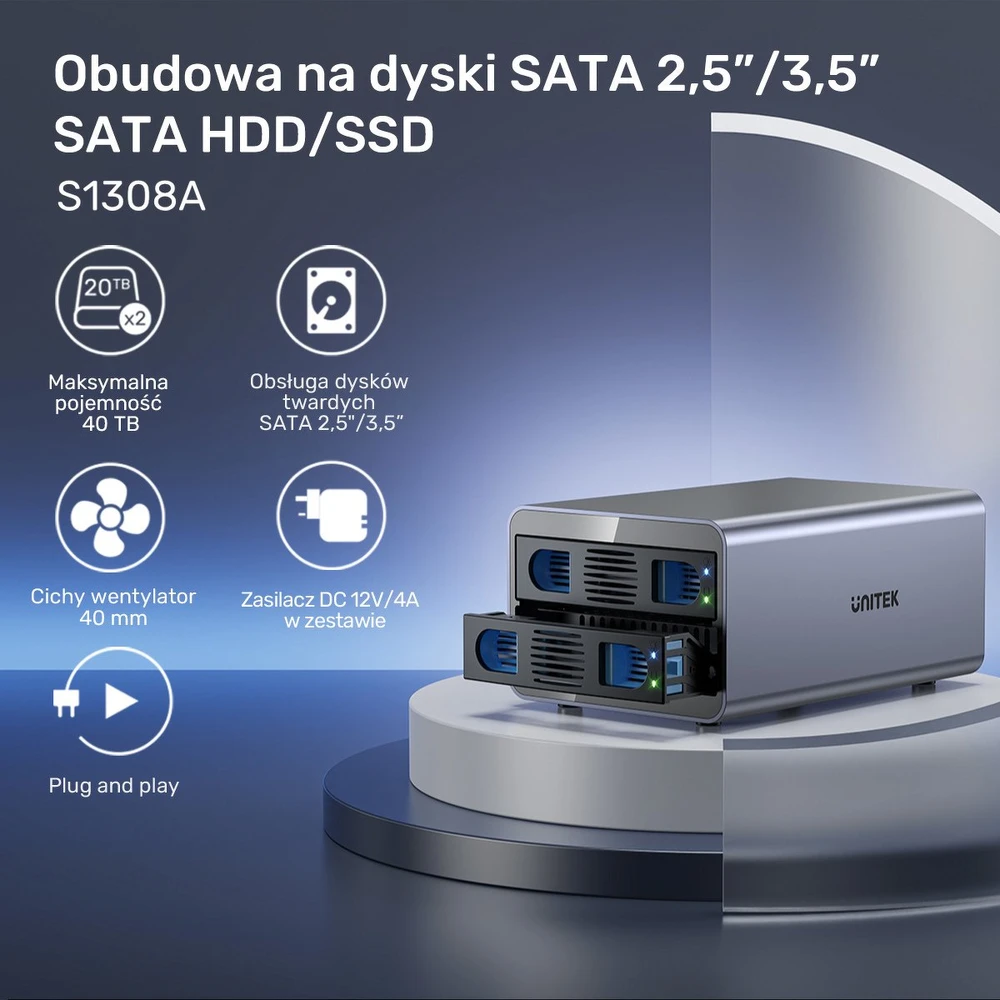 UNITEK EXTERNAL ENCLOSURE 2BAY RAID HDD/SDD 40GBPS