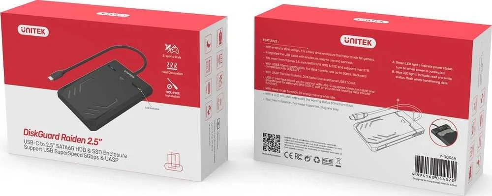 Išorinis kietojo disko adapteris - Unitek Y-3036a Diskguard Raiden 2.5" USB-C