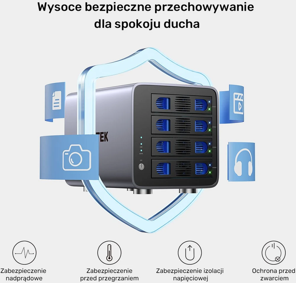 Unitek RAID korpusas 2,5 colio / 3,5 colio SATA diskui, 8 režimai, 80 TB, USB-C