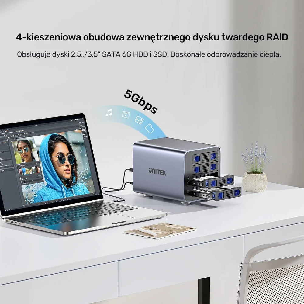Unitek RAID korpusas 2,5 colio / 3,5 colio SATA diskui, 8 režimai, 80 TB, USB-C