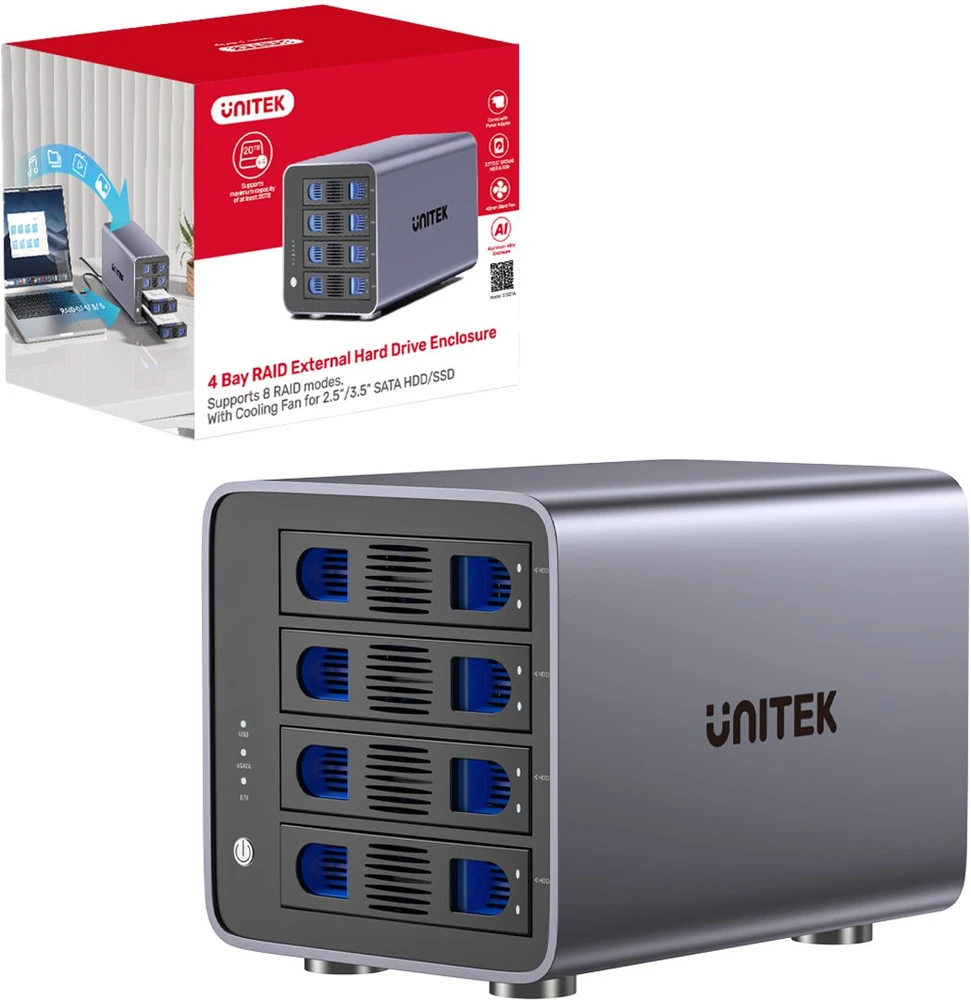 Unitek RAID korpusas 2,5 colio / 3,5 colio SATA diskui, 8 režimai, 80 TB, USB-C