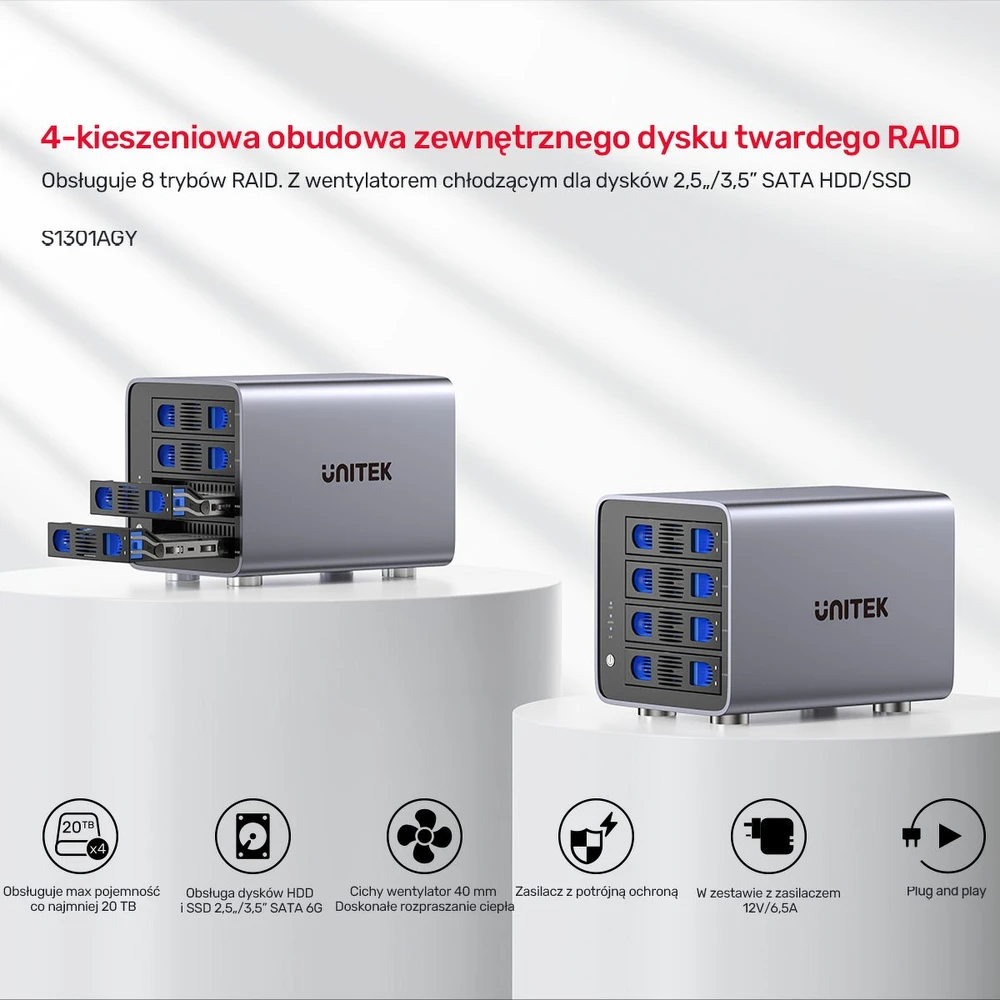 Unitek RAID korpusas 2,5 colio / 3,5 colio SATA diskui, 8 režimai, 80 TB, USB-C