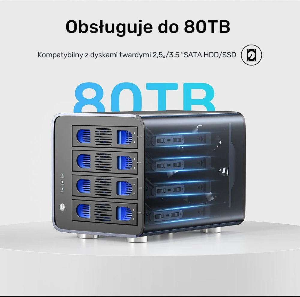 Unitek RAID korpusas 2,5 colio / 3,5 colio SATA diskui, 8 režimai, 80 TB, USB-C