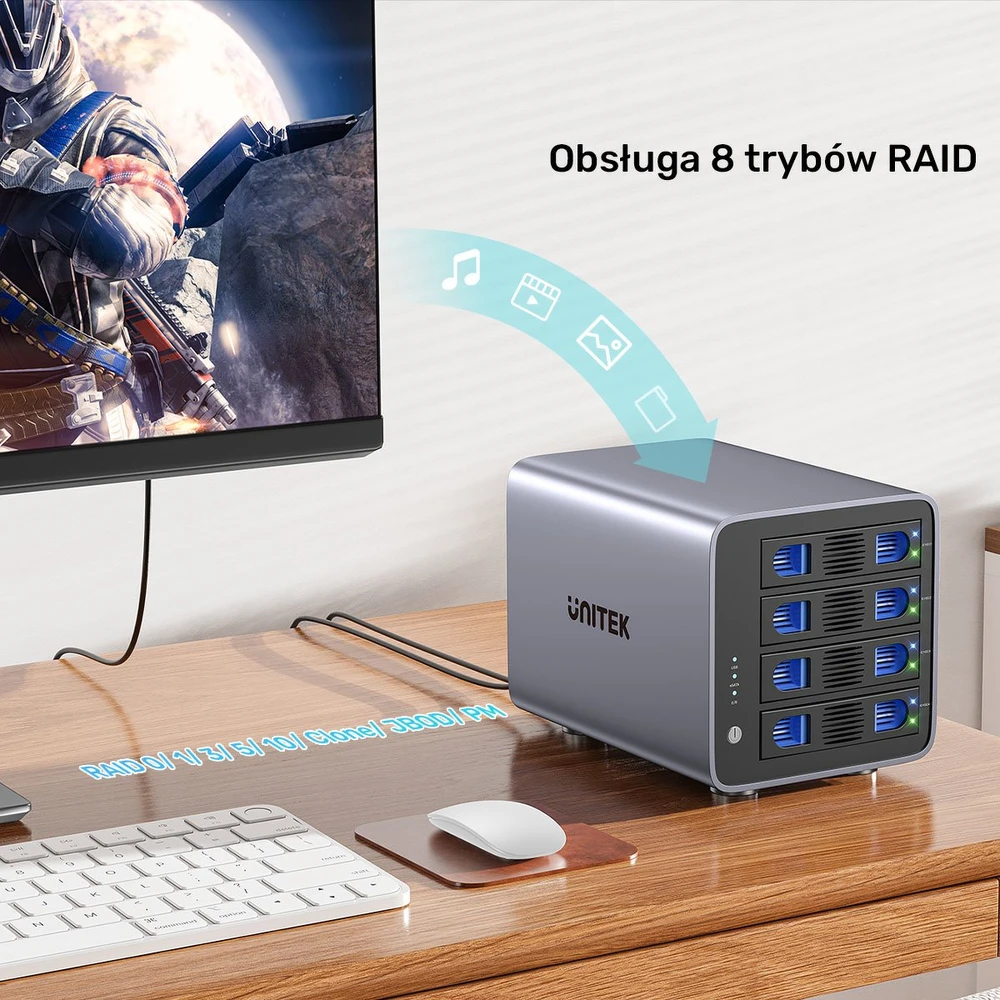 Unitek RAID korpusas 2,5 colio / 3,5 colio SATA diskui, 8 režimai, 80 TB, USB-C