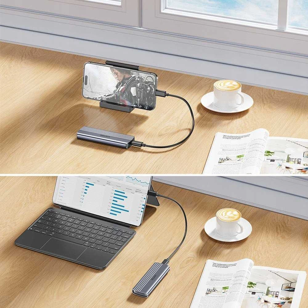 Unitek M.2 SSD dėklas prijungtas prie išmaniojo telefono ir planšetės