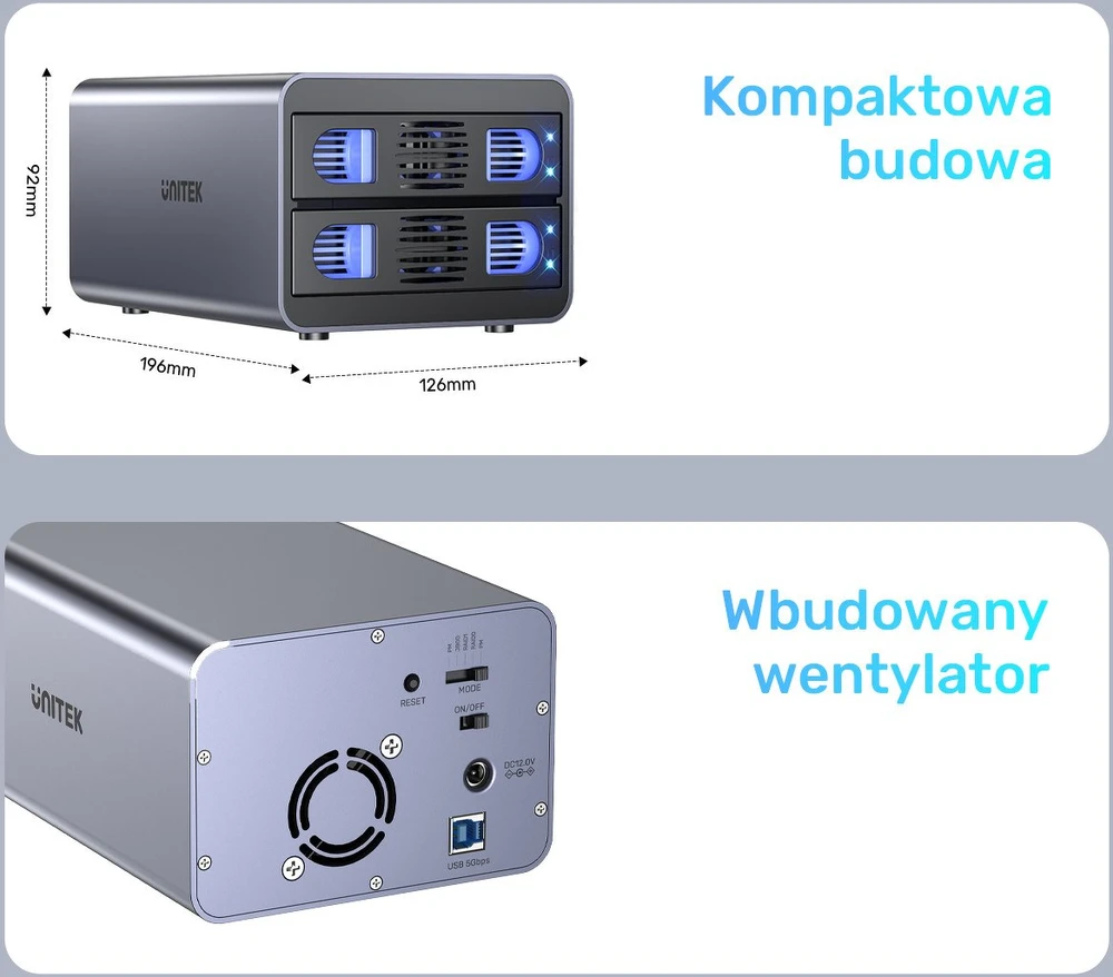 „Unitek RAID“ korpusas SATA 2,5 colio / 3,5 colio diskams – 4 režimai, 40 TB, 5 Gb/s