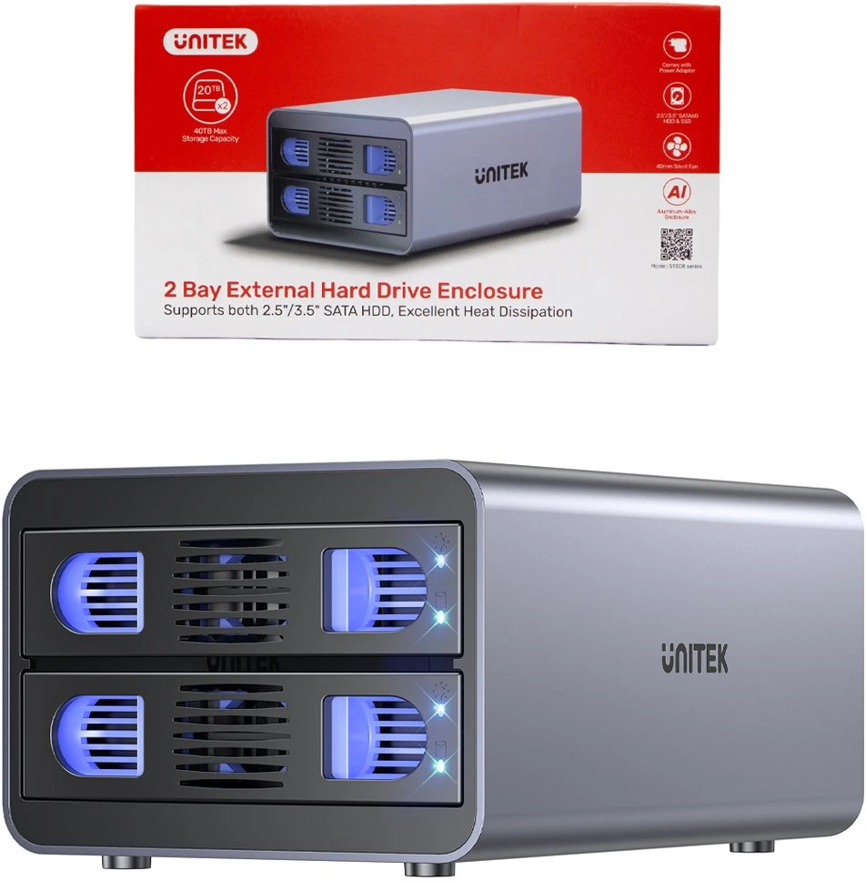 „Unitek RAID“ korpusas SATA 2,5 colio / 3,5 colio diskams – 4 režimai, 40 TB, 5 Gb/s