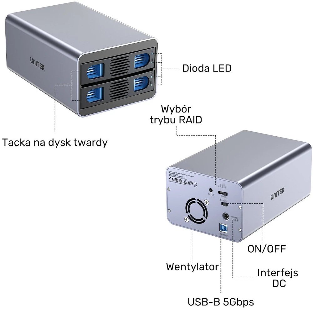 „Unitek RAID“ korpusas SATA 2,5 colio / 3,5 colio diskams – 4 režimai, 40 TB, 5 Gb/s