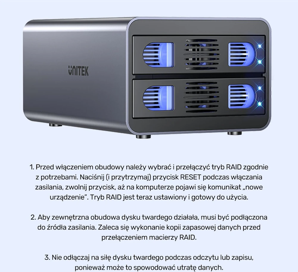 „Unitek RAID“ korpusas SATA 2,5 colio / 3,5 colio diskams – 4 režimai, 40 TB, 5 Gb/s