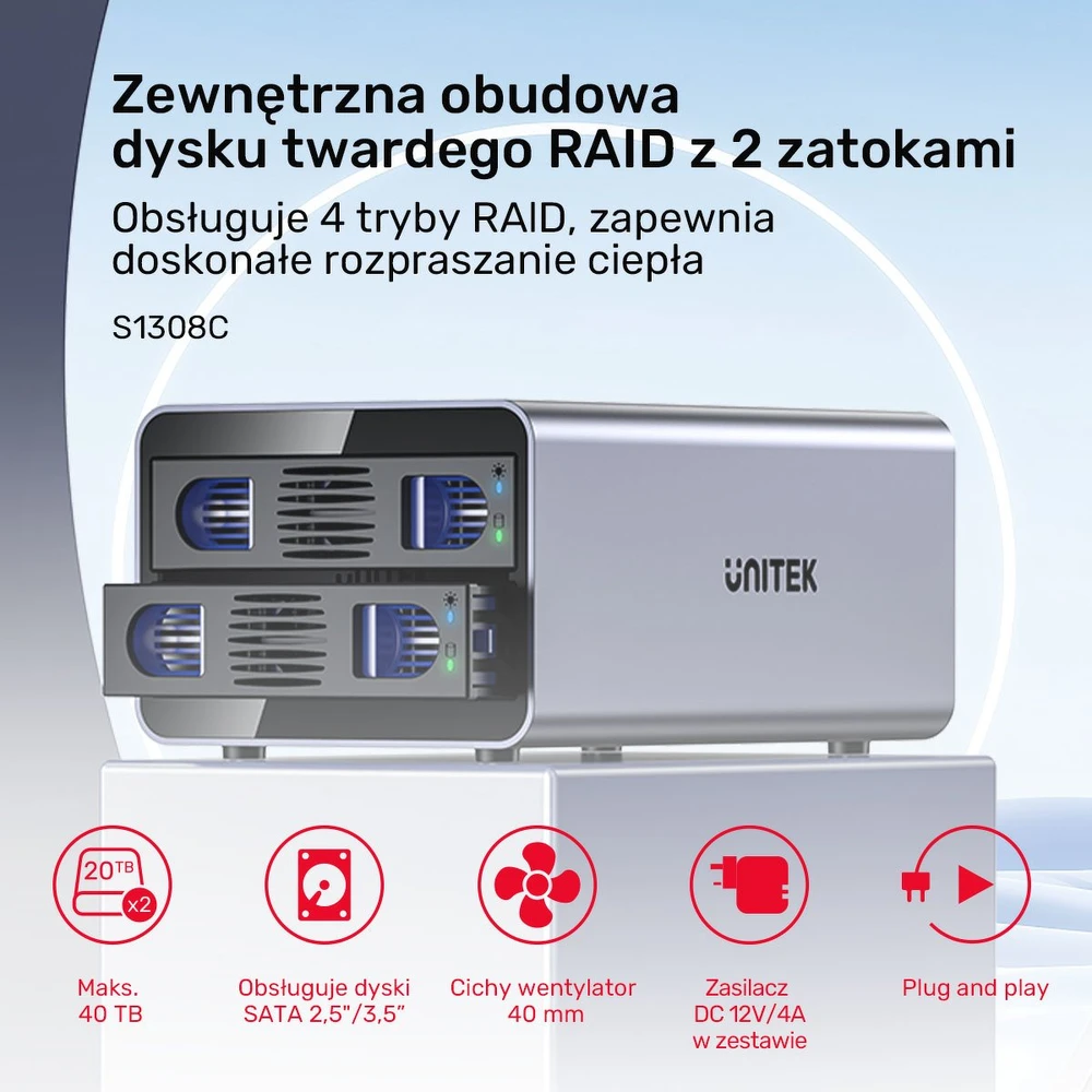 „Unitek“ RAID korpusas SATA diskams 2,5"/3,5" 4 režimai 40 TB USB C 10 Gb/s