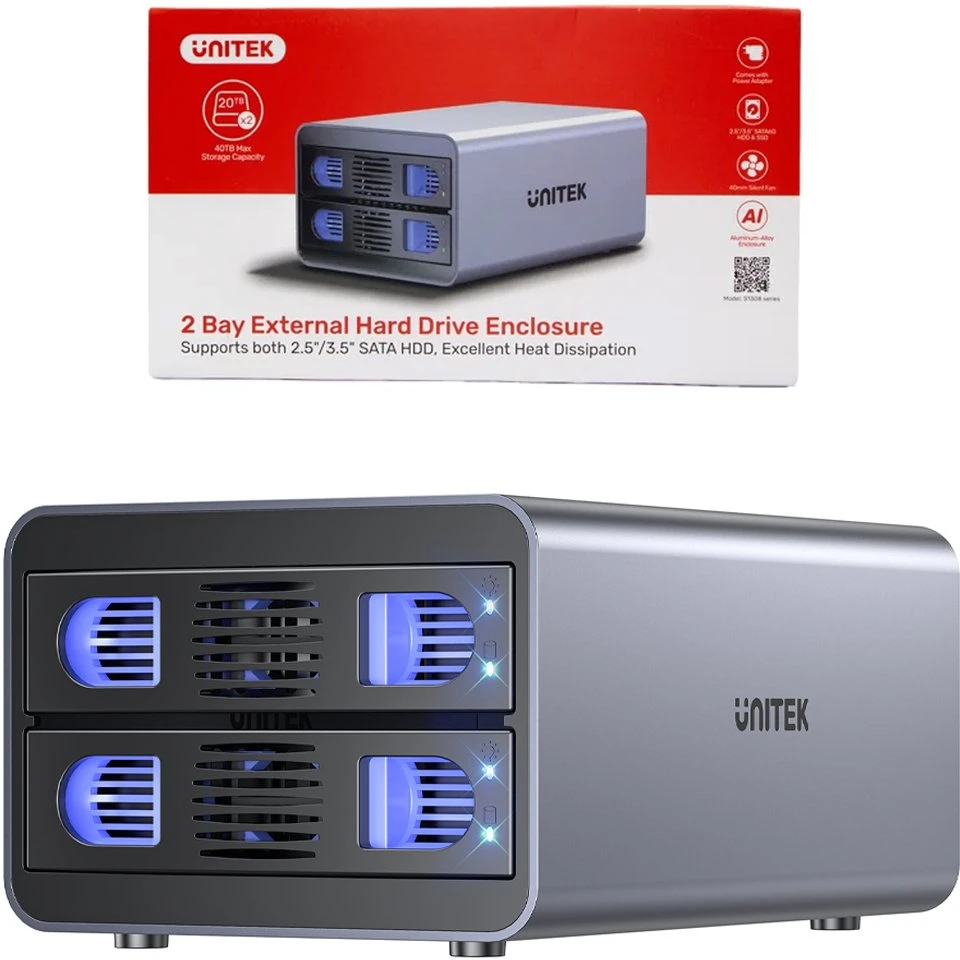 „Unitek“ RAID korpusas SATA diskams 2,5"/3,5" 4 režimai 40 TB USB C 10 Gb/s