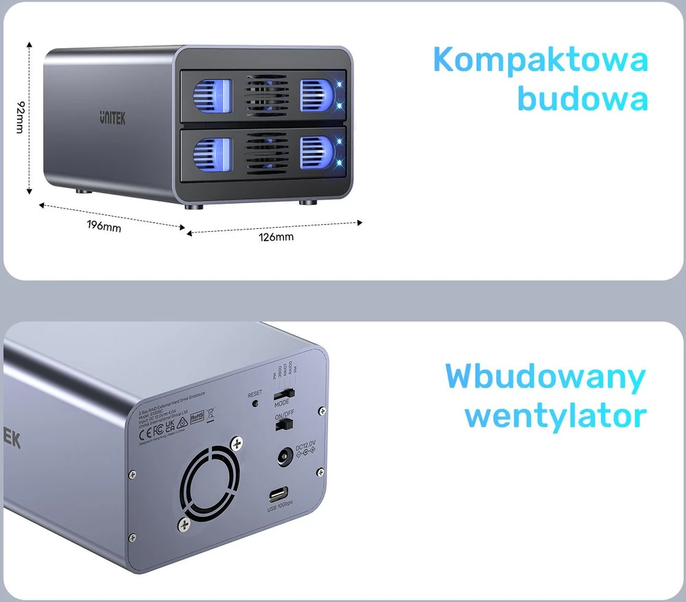 „Unitek“ RAID korpusas SATA diskams 2,5"/3,5" 4 režimai 40 TB USB C 10 Gb/s