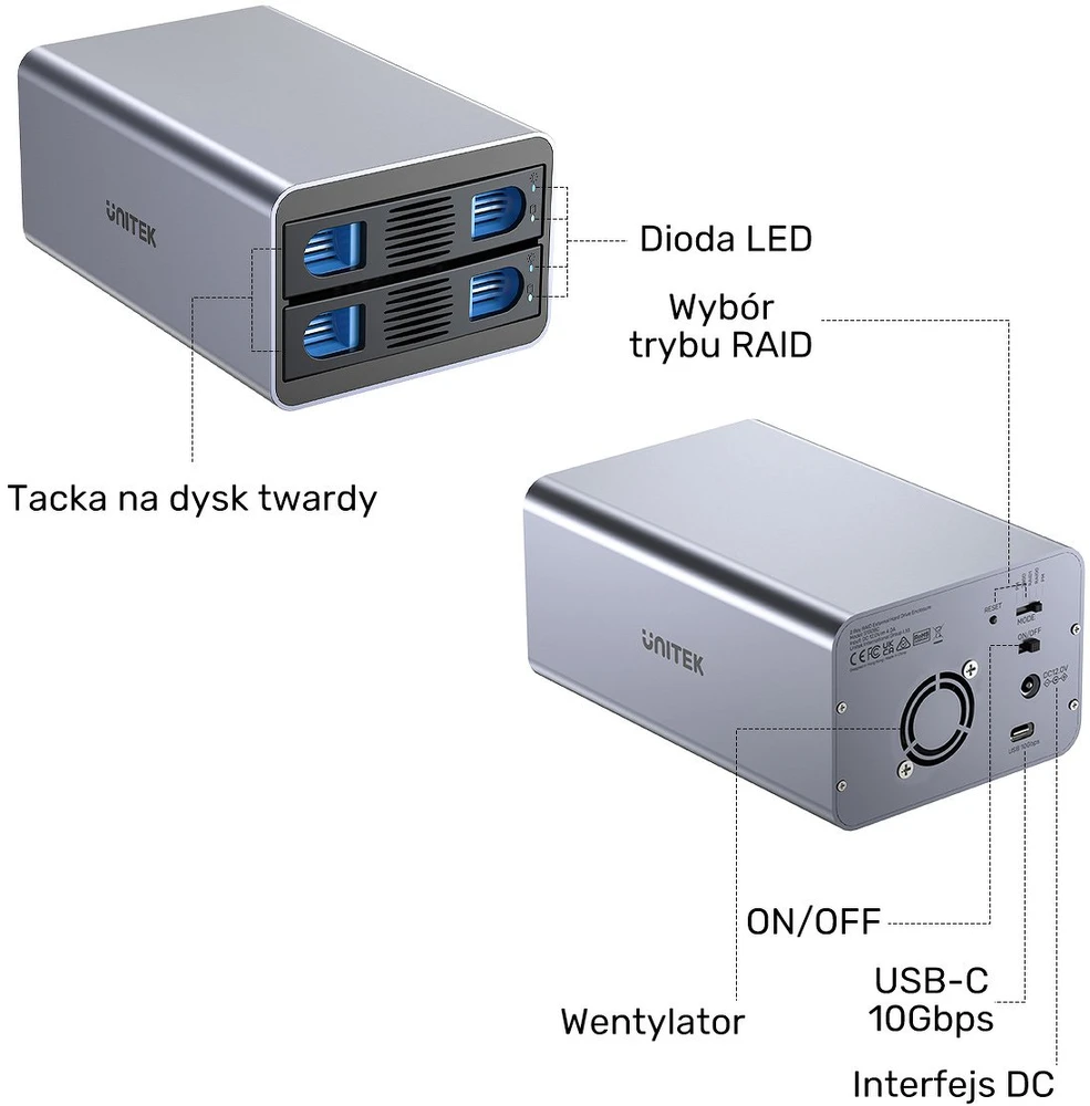 „Unitek“ RAID korpusas SATA diskams 2,5"/3,5" 4 režimai 40 TB USB C 10 Gb/s