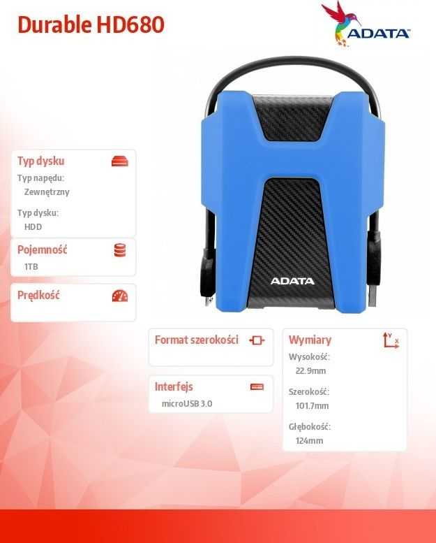Kietasis diskas ADATA HD680 1TB išorinis HDD, juodos ir mėlynos spalvos (AHD680-1TU31-CBL), lietimui jautrus ekranas