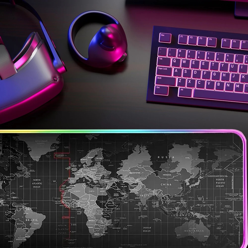 Podświetlana Apšviestas RGB LED žaidimų pelės kilimėlis, 80x30 cm, XXL dydžio pasaulio žemėlapis