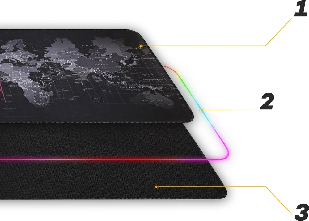 Podświetlana Apšviestas RGB LED žaidimų pelės kilimėlis, 80x30 cm, XXL dydžio pasaulio žemėlapis