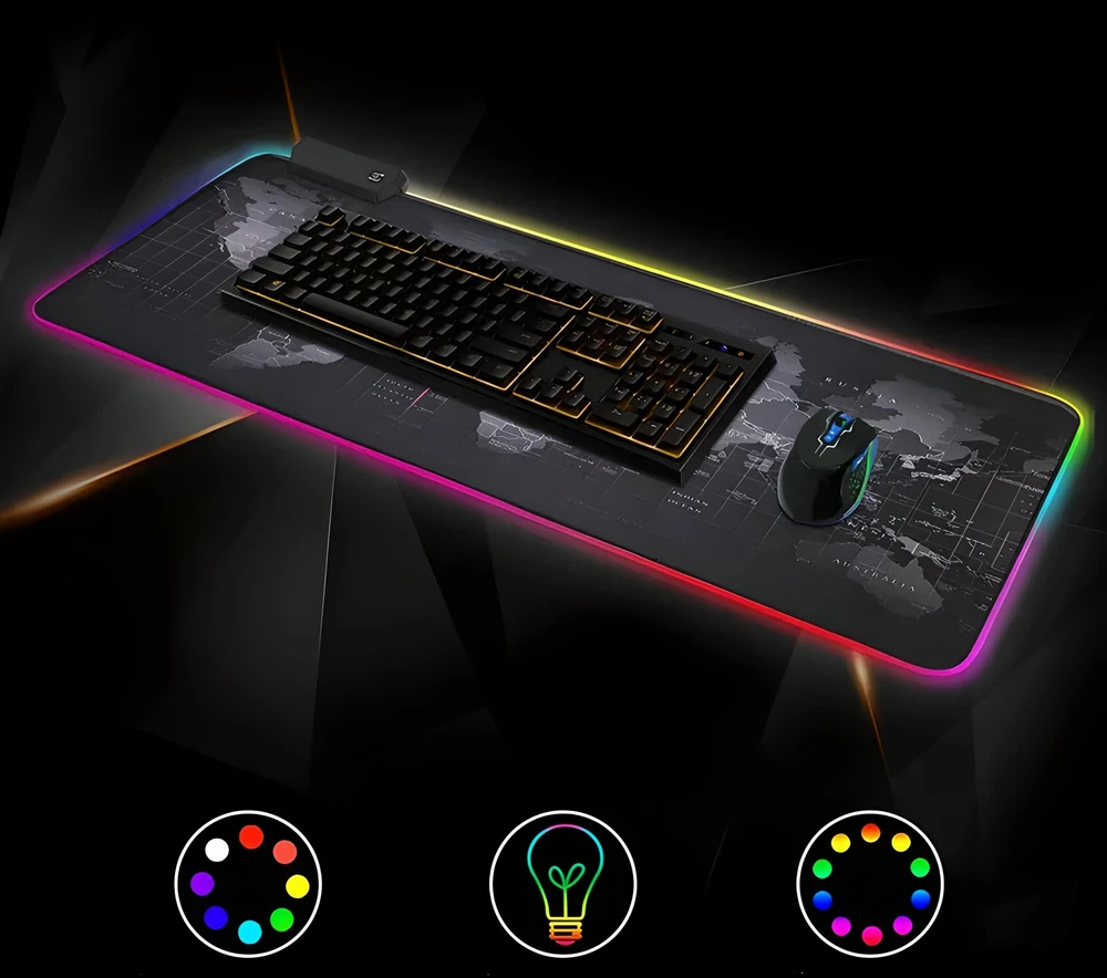 Podświetlana Apšviestas RGB LED žaidimų pelės kilimėlis, 80x30 cm, XXL dydžio pasaulio žemėlapis