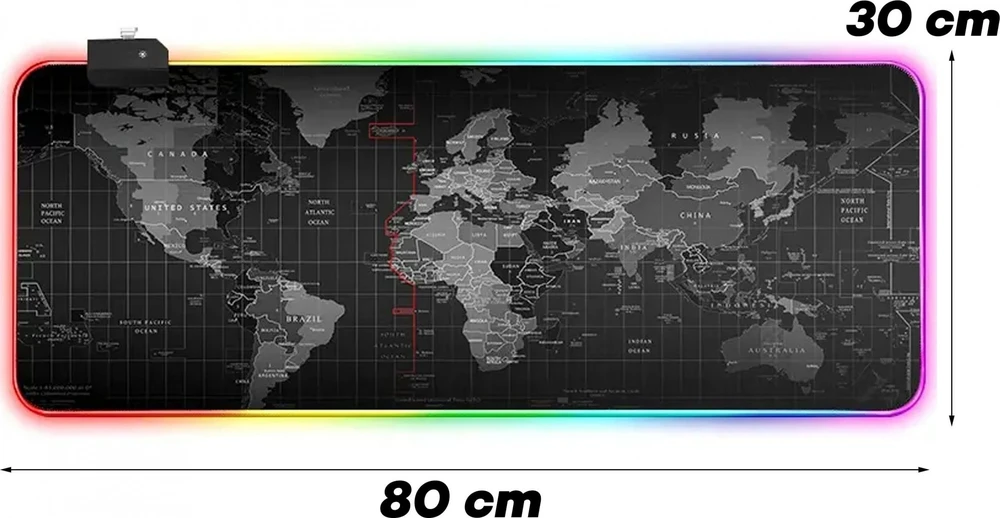 Podświetlana Apšviestas RGB LED žaidimų pelės kilimėlis, 80x30 cm, XXL dydžio pasaulio žemėlapis