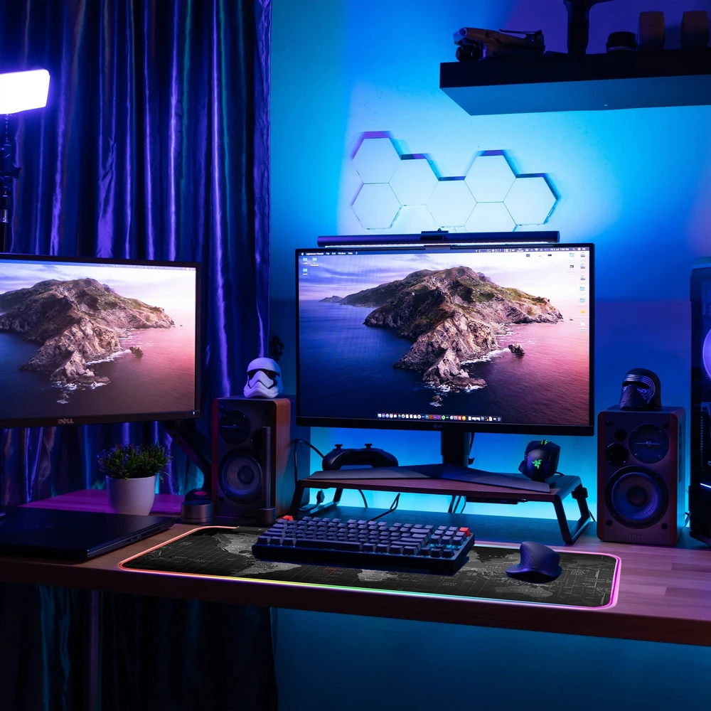 Podświetlana Apšviestas RGB LED žaidimų pelės kilimėlis, 80x30 cm, XXL dydžio pasaulio žemėlapis
