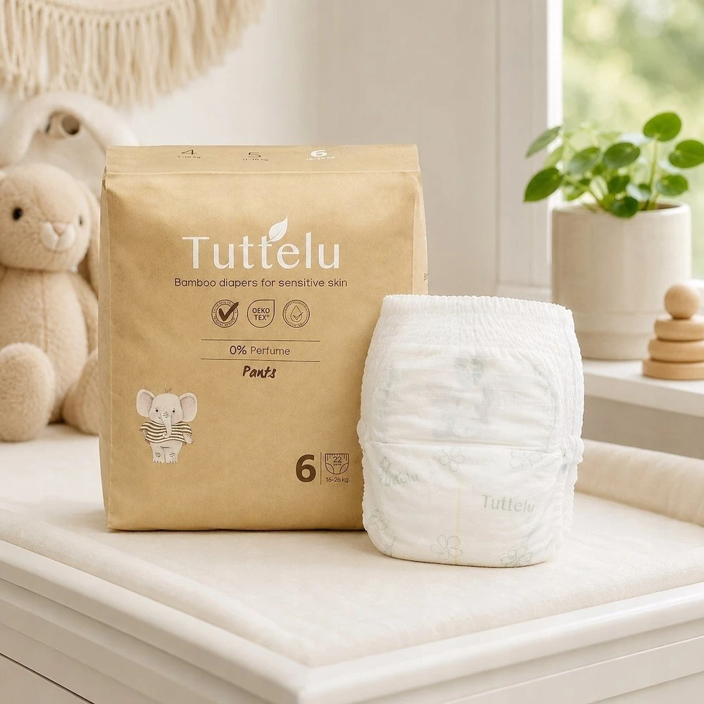 Kindii Tuttelu, vienkartinės bambukinės sauskelnės, 6 dydis (16-26 kg), 22 vnt.