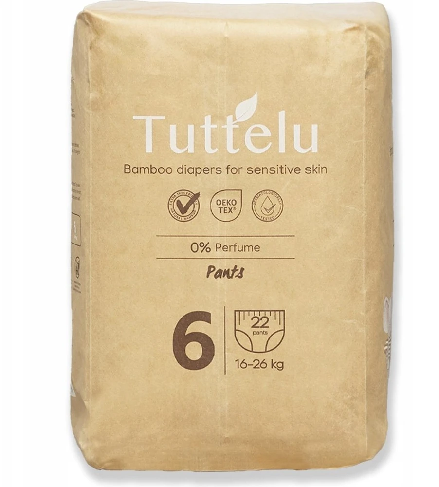 Kindii Tuttelu, vienkartinės bambukinės sauskelnės, 6 dydis (16-26 kg), 22 vnt.